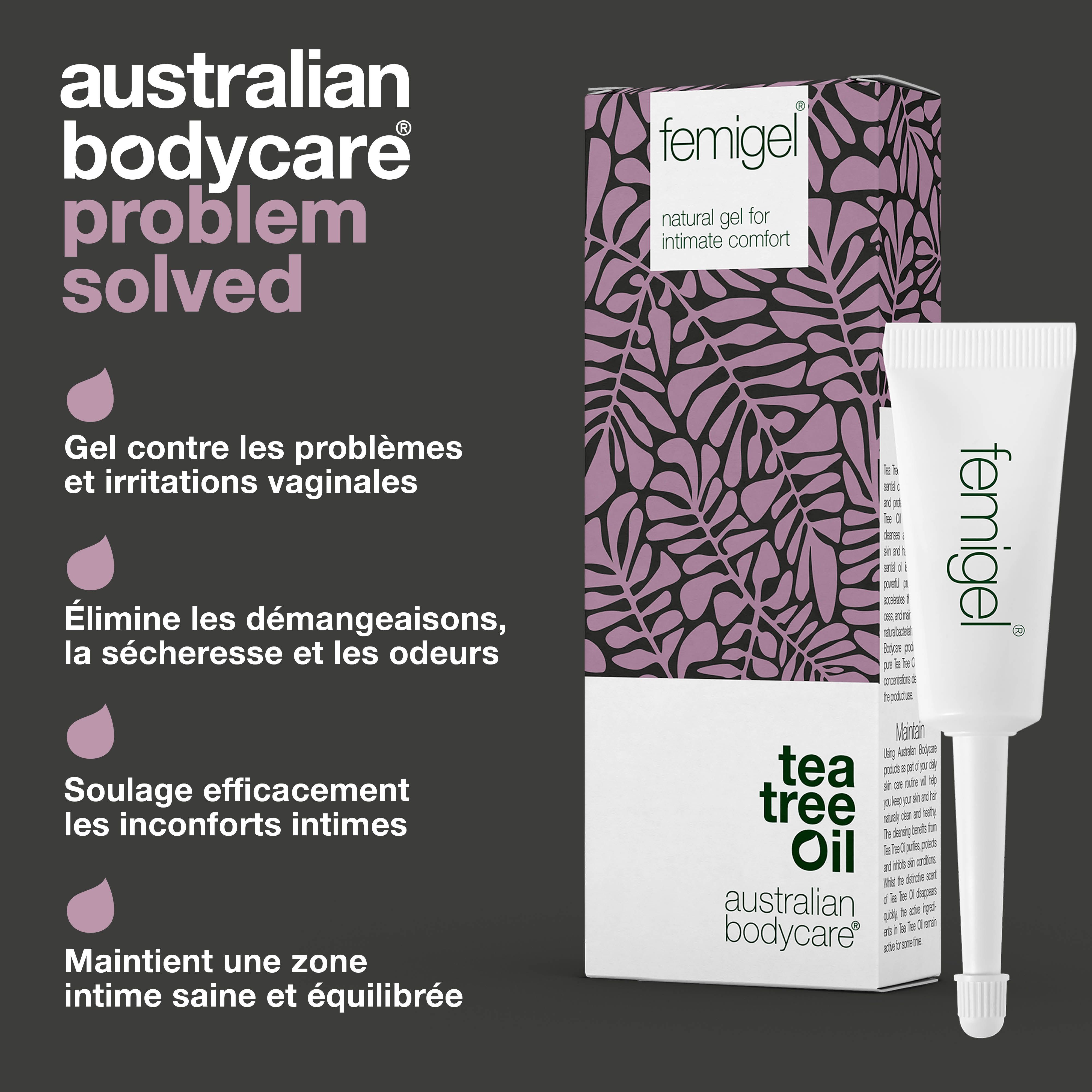 Tube et emballage Femigel. Inscription : Femigel, Tea Tree Oil, Australian Bodycare. Problème résolu.
