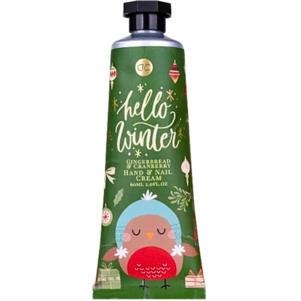 Groene hand- en nagelcrèmetube met 'Hello Winter' en vogelillustratie. Zwarte sluiting.
