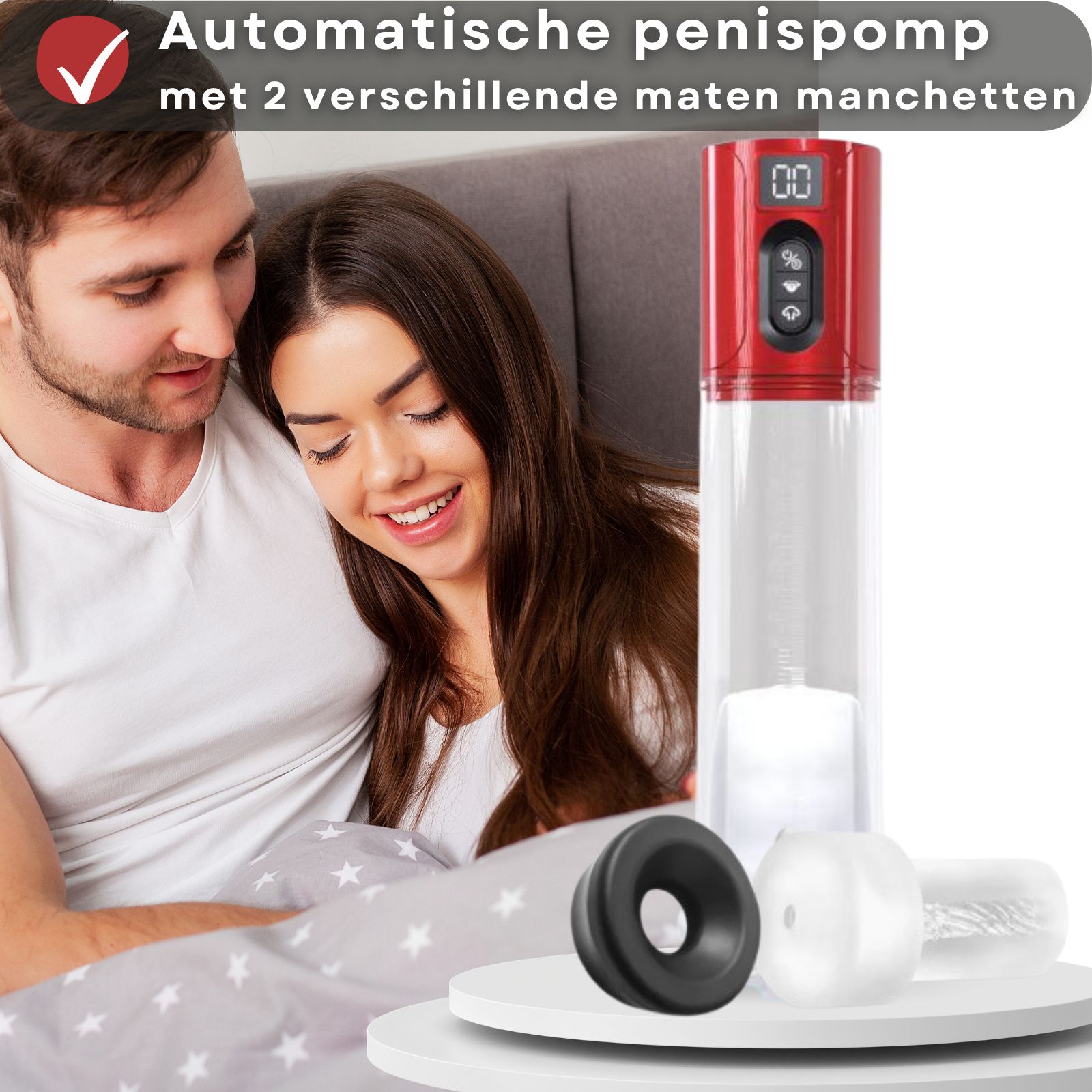 Penispomp met rode kop, accessoires en stel in bed. Tekst: Automatische pomp met 2 manchetten.