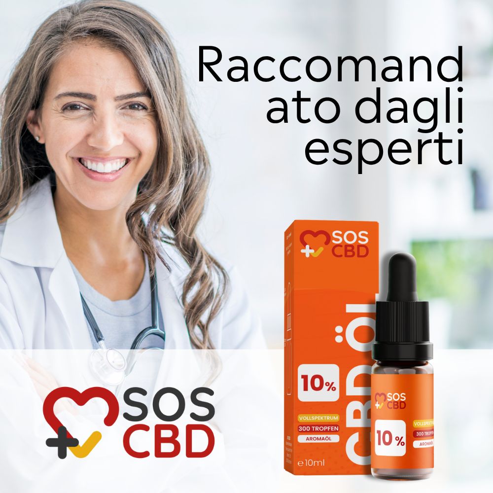 Femme en blouse blanche et stéthoscope. Flacon de produit avec 10% CBD. Texte : SOS CBD, recommandé par des experts.