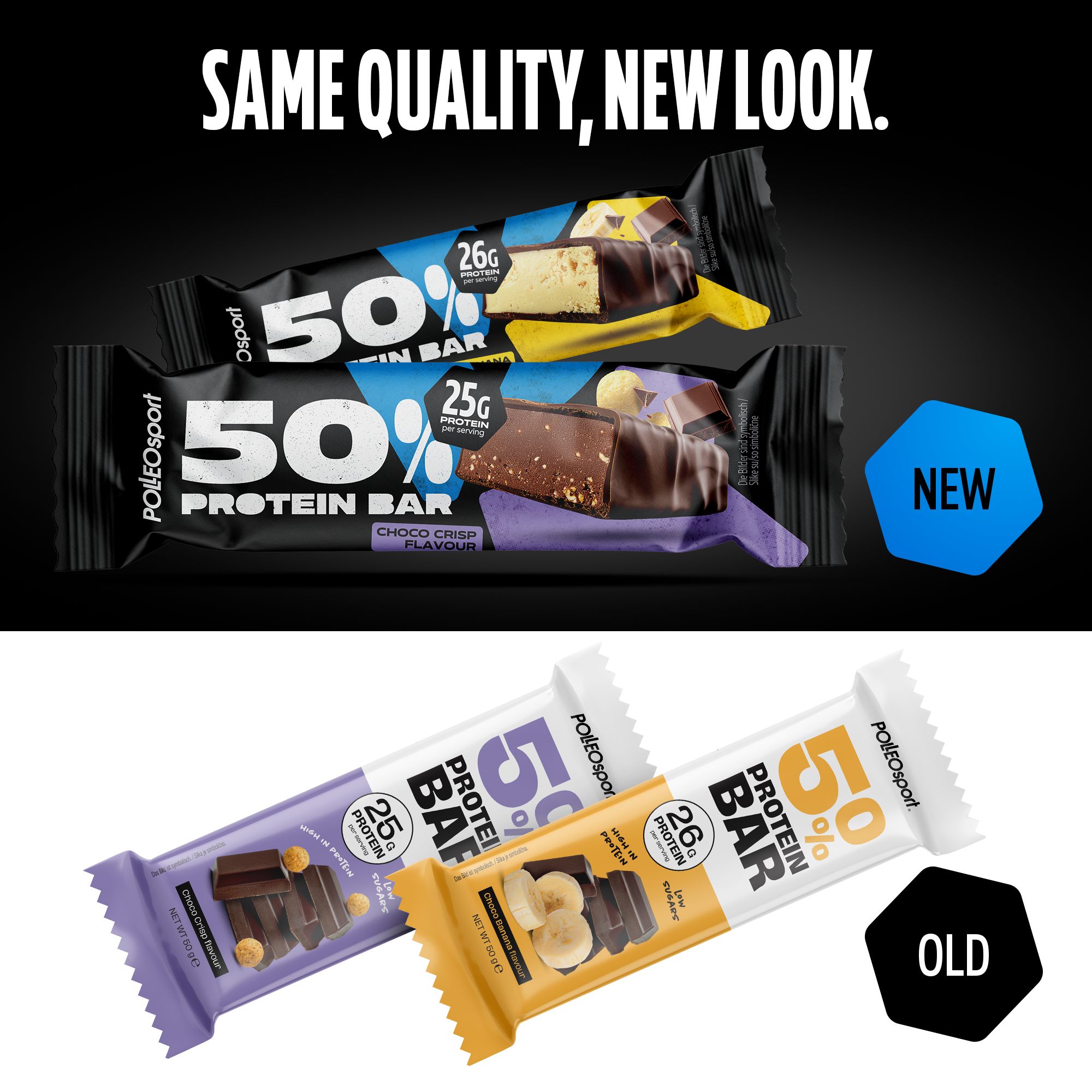 Eiwitrepen 50%. Opschrift: 26g eiwit. Verpakkingen in verschillende kleuren. Tekst: SAME QUALITY, NEW LOOK.
