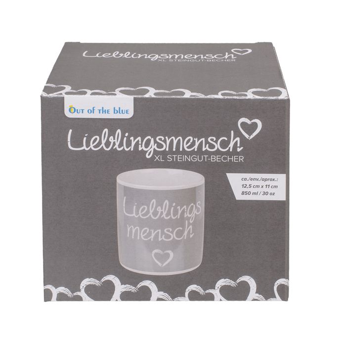 Grijze doos met beker. Opschrift "Lieblingsmensch" en hart. Merk "Out of the blue". Beker details: 12,5 cm x 11 cm, 850 ml.