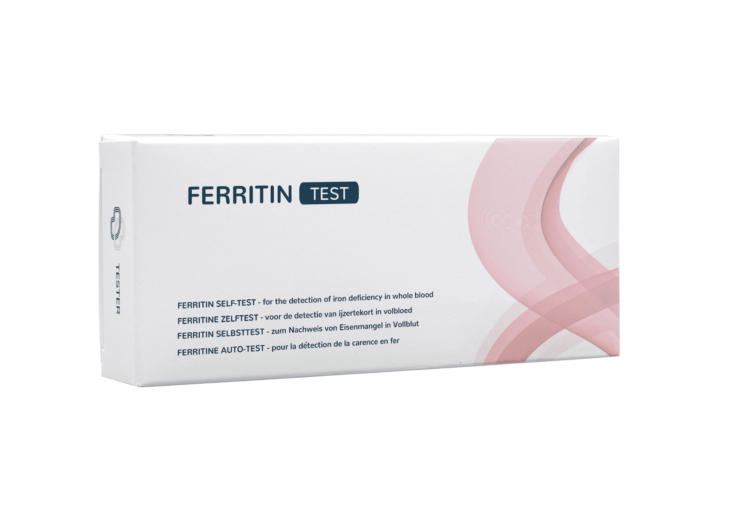 Emballage du test d'auto-évaluation de la ferritine avec nom du produit et domaines d'application multilingues.