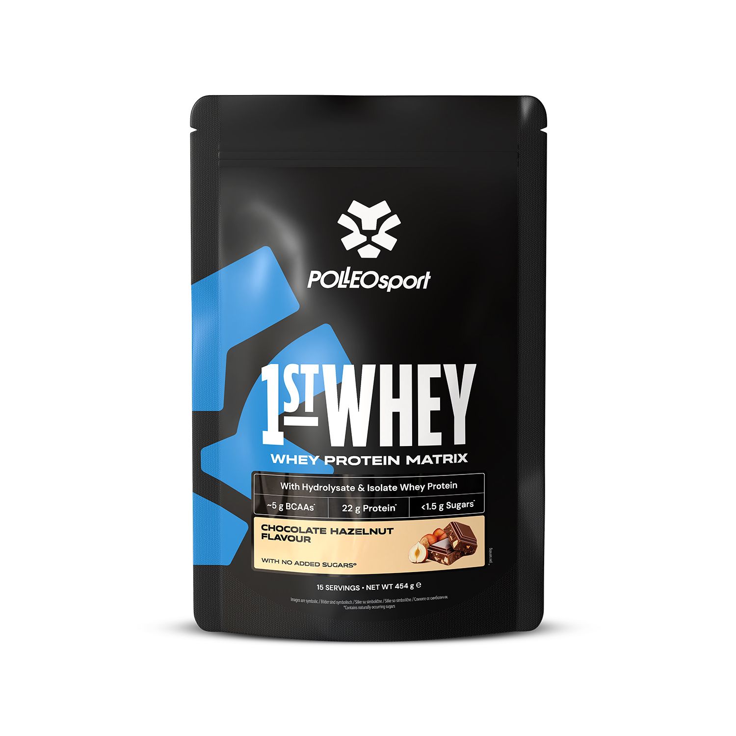 Zwarte verpakking "1ST:WHEY" met PolleoSport logo. Whey Protein Matrix, smaak chocolade-hazelnoot. Bevat voedingswaarde-info.