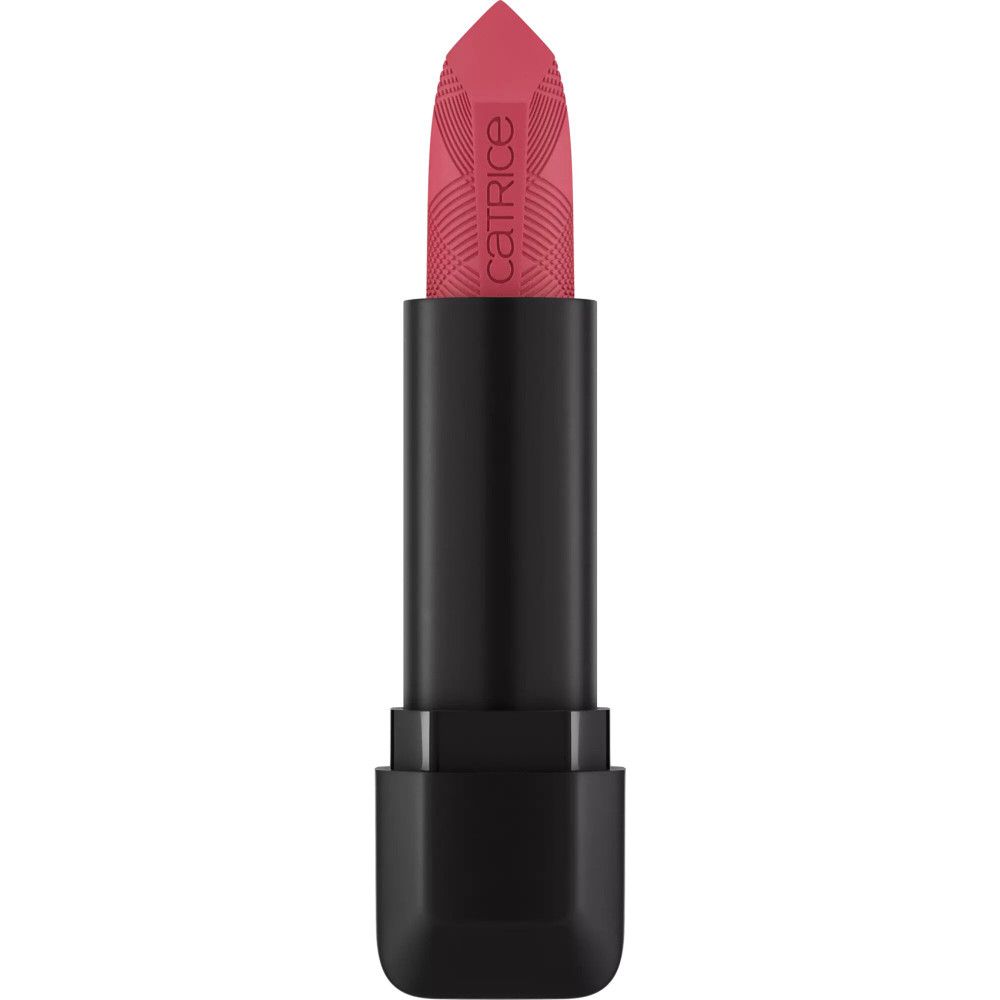 Rouge à lèvres rose, étui noir. "Catrice" est inscrit sur le rouge à lèvres.