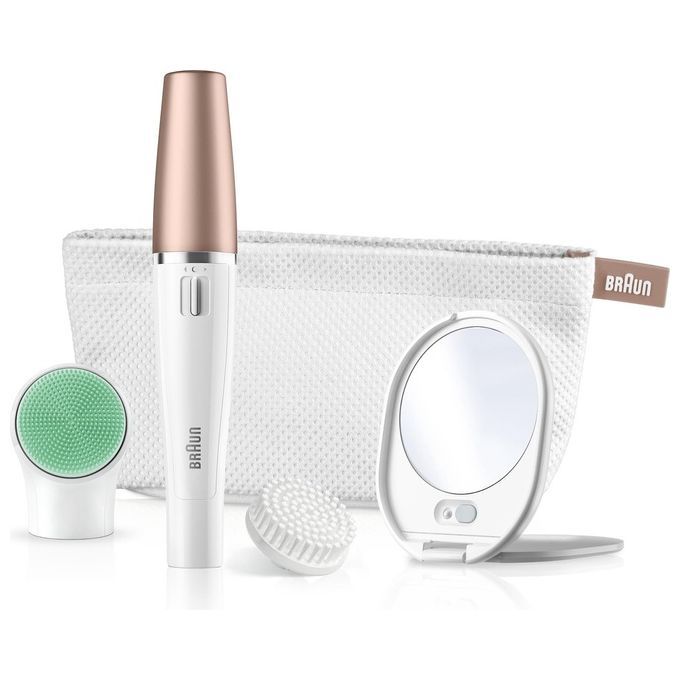 Set Braun FaceSpa : épilateur, brosse nettoyante, miroir, pochette.