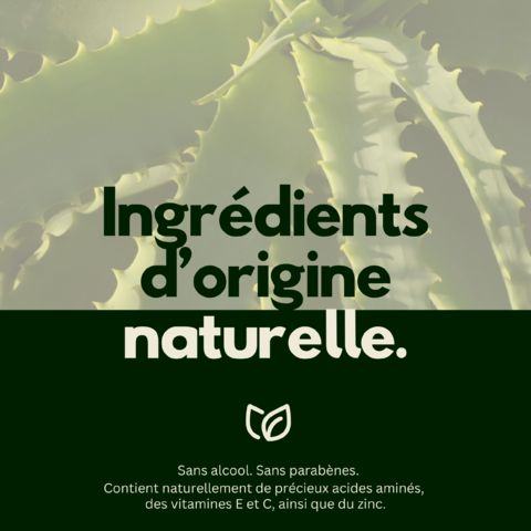Fond vert avec texte : Ingrédients d'origine naturelle. Sans alcool, sans parabènes.