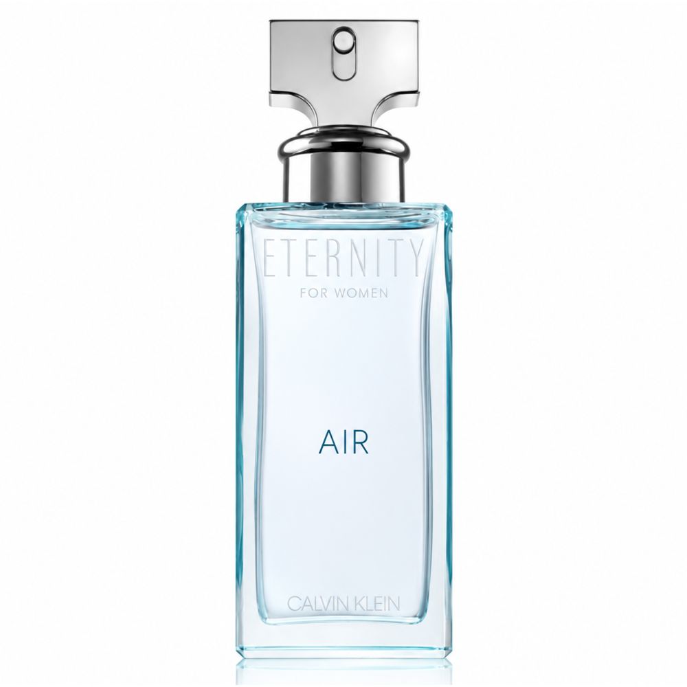 Flacon d'eau de parfum Calvin Klein Eternity Air pour femme. Flacon en verre rectangulaire avec vaporisateur argenté.