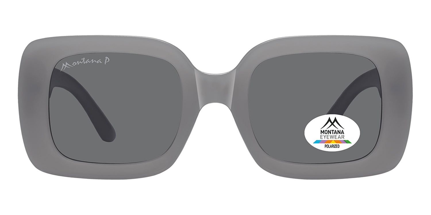 Lunettes de soleil grises à verres rectangulaires. Logo Montana Eyewear et autocollant de polarisation.