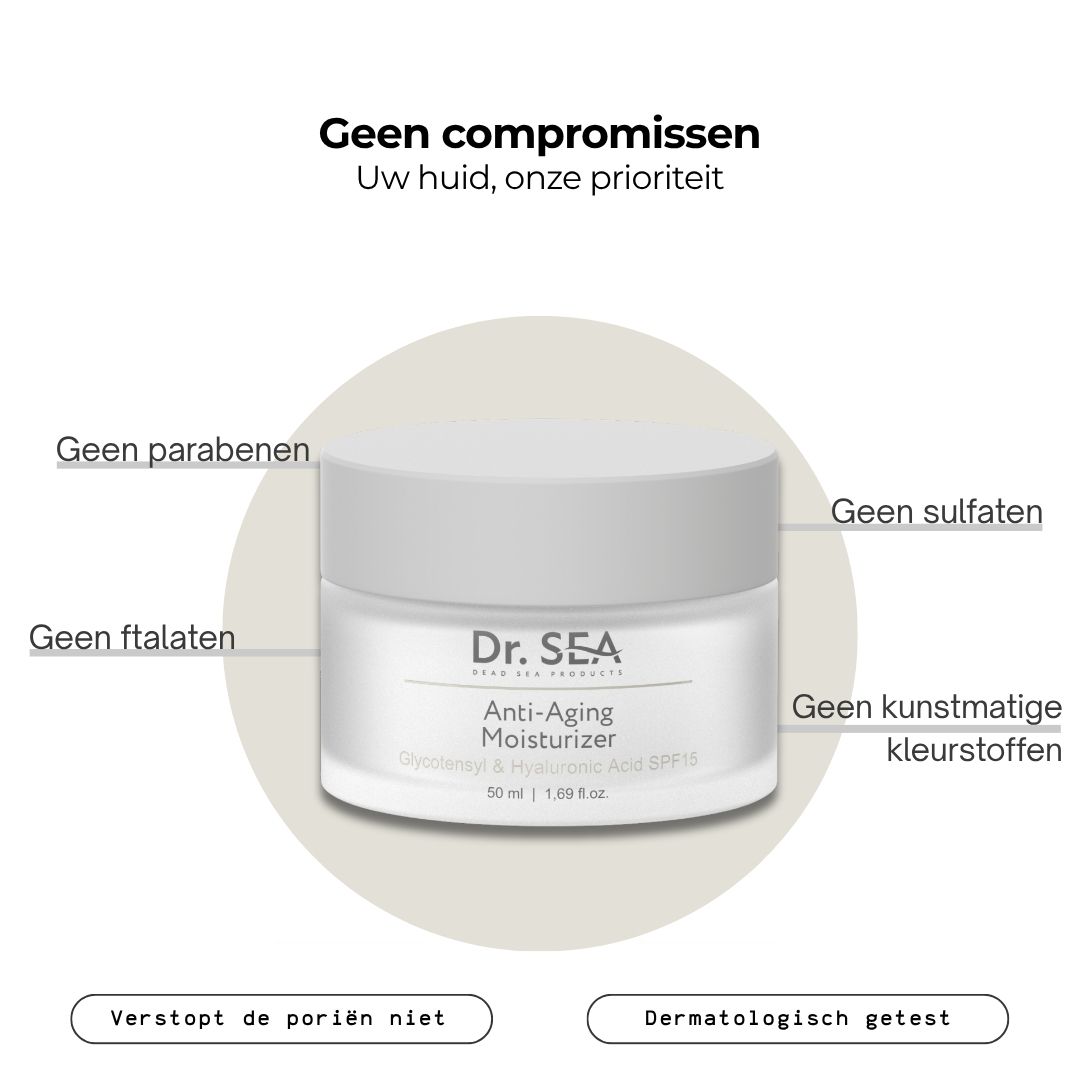Crèmepot met tekst. Tekst: Geen compromissen. Geen parabenen, ftalaten, sulfaten, kleurstoffen.