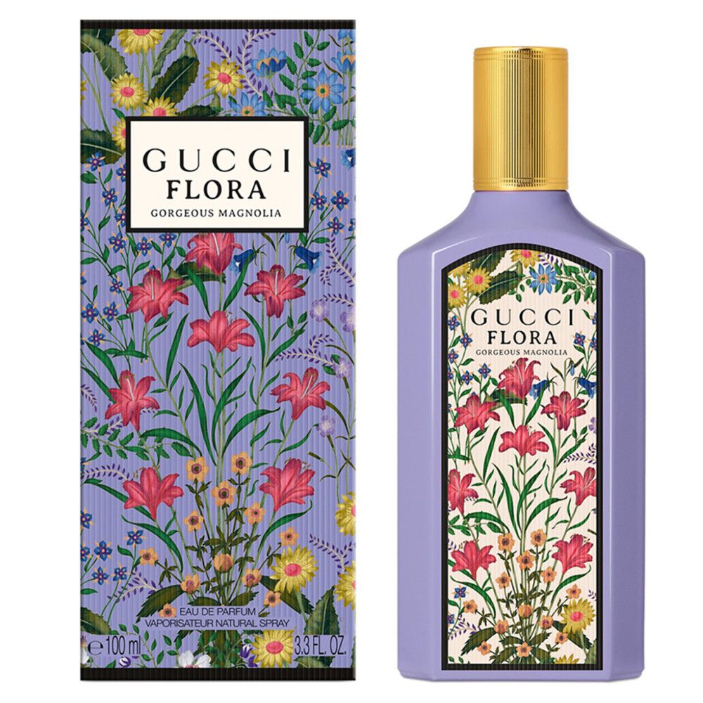 Flacon et emballage à motifs floraux. Inscription : Gucci Flora Gorgeous Magnolia. 100ml.