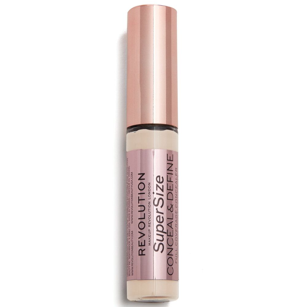 Flacon de correcteur avec bouchon rose. Texte: Super Size Conceal & Define. Couvrance totale.