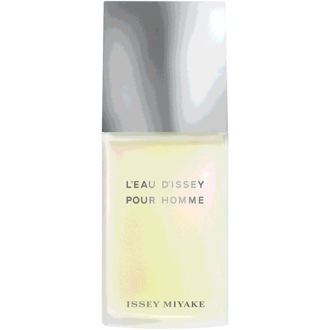 Rechthoekige flacon met zilveren dop. Opschrift: L'EAU D'ISSEY POUR HOMME, ISSEY MIYAKE.