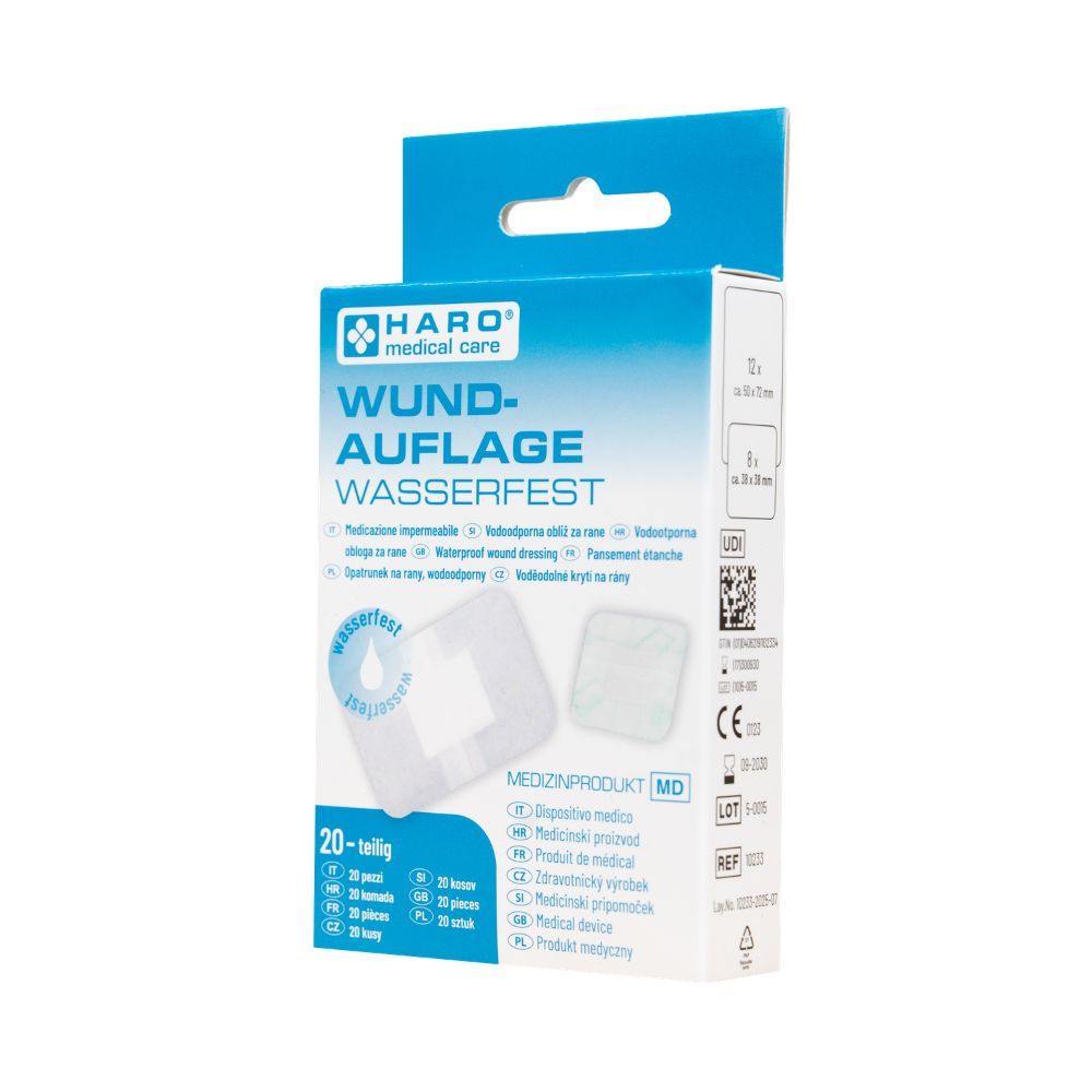 Verpakking van Haro Wundauflage wasserfest. 20 stuks. Medisch hulpmiddel. Vierkante pleisters afgebeeld op de verpakking.