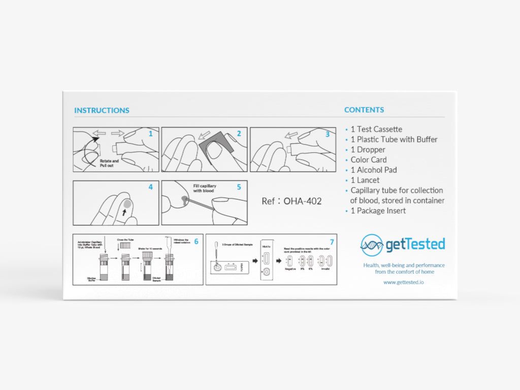 Emballage avec instructions et contenu. Comprend cassette de test, tube, compte-gouttes, carte de couleur, tampon alcoolisé, lancette et tube capillaire.