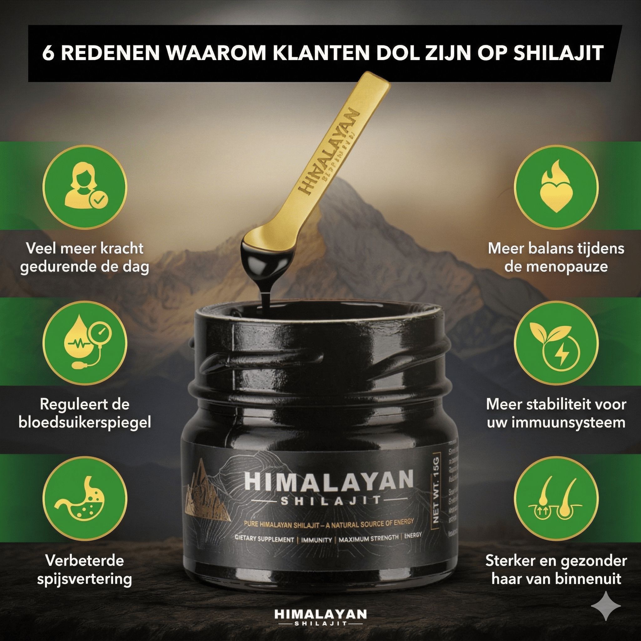 Potje Shilajit en doseerlepel. 6 redenen waarom klanten van Shilajit houden. Grafieken met voordelen: energie, menopauze, immuunsysteem.
