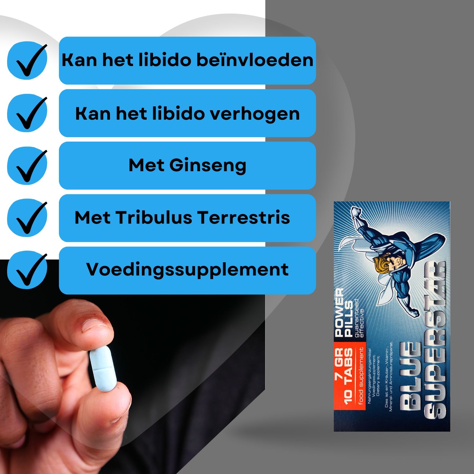 Productverpakking en blisterverpakking met tabletten. Tekst: BLUE SUPERSTAR, 10 tabs, 7 GR Power Pills.