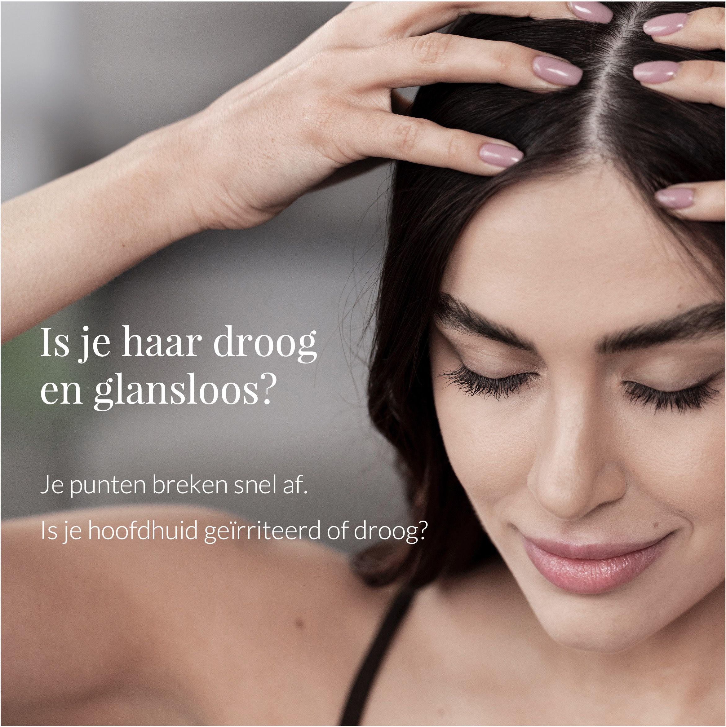 Reclame met vrouw. Tekst: "Is je haar droog en glansloos?" en product.
