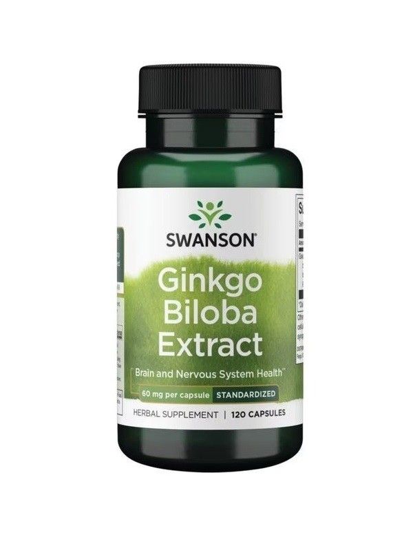 Groene fles met wit etiket. Opschrift: SWANSON Ginkgo Biloba Extrakt. 120 capsules.
