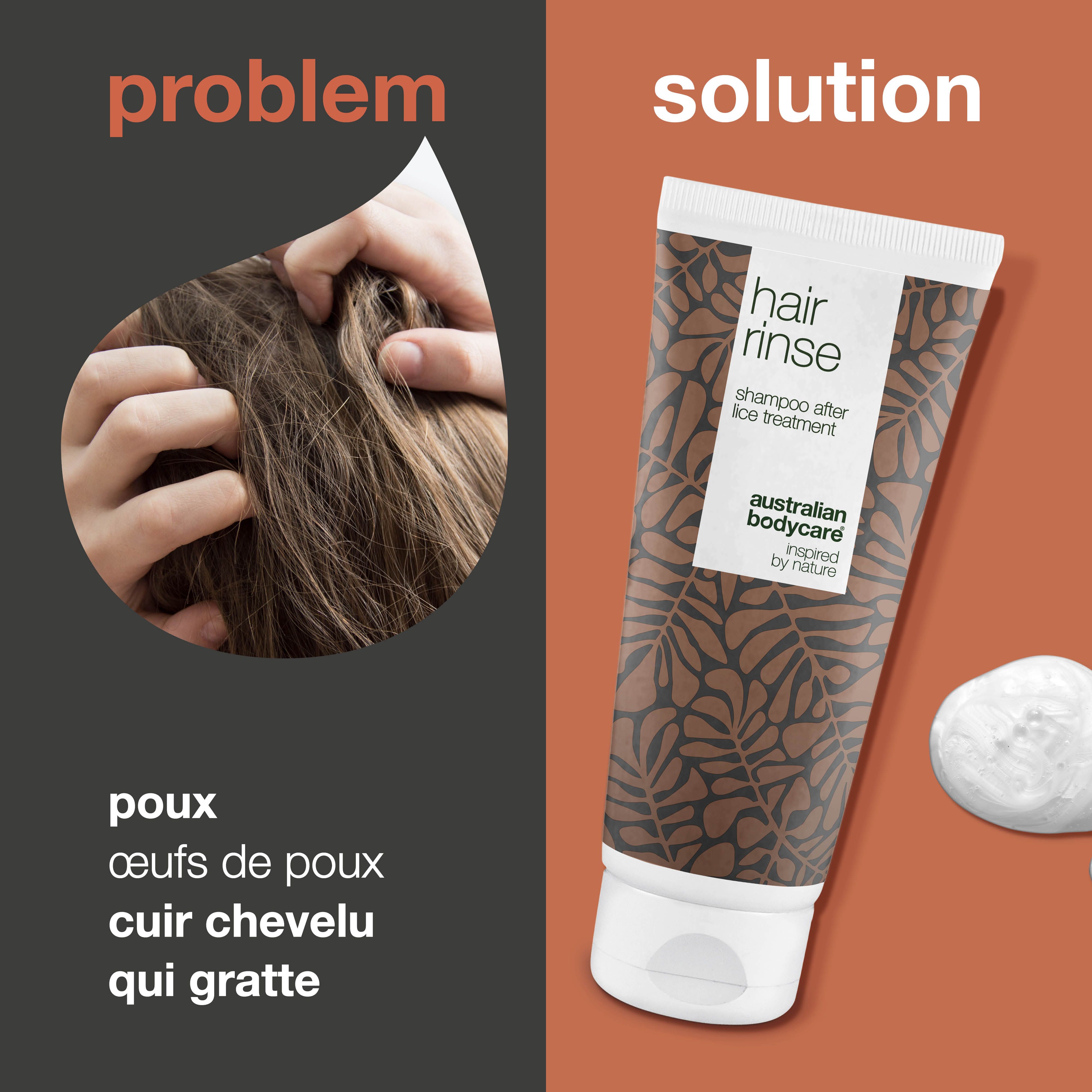 Deux images. Gauche: Tête qui gratte. Droite: Tube de shampooing. Texte: Hair Rinse, Australian Bodycare. Problème/Solution.