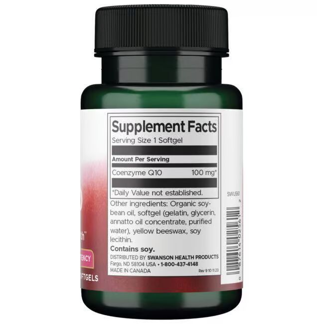 Dos du flacon. Inscription: Supplement Facts. Coenzyme Q10, 100 mg. Contient du soja. Fabriqué au Canada.