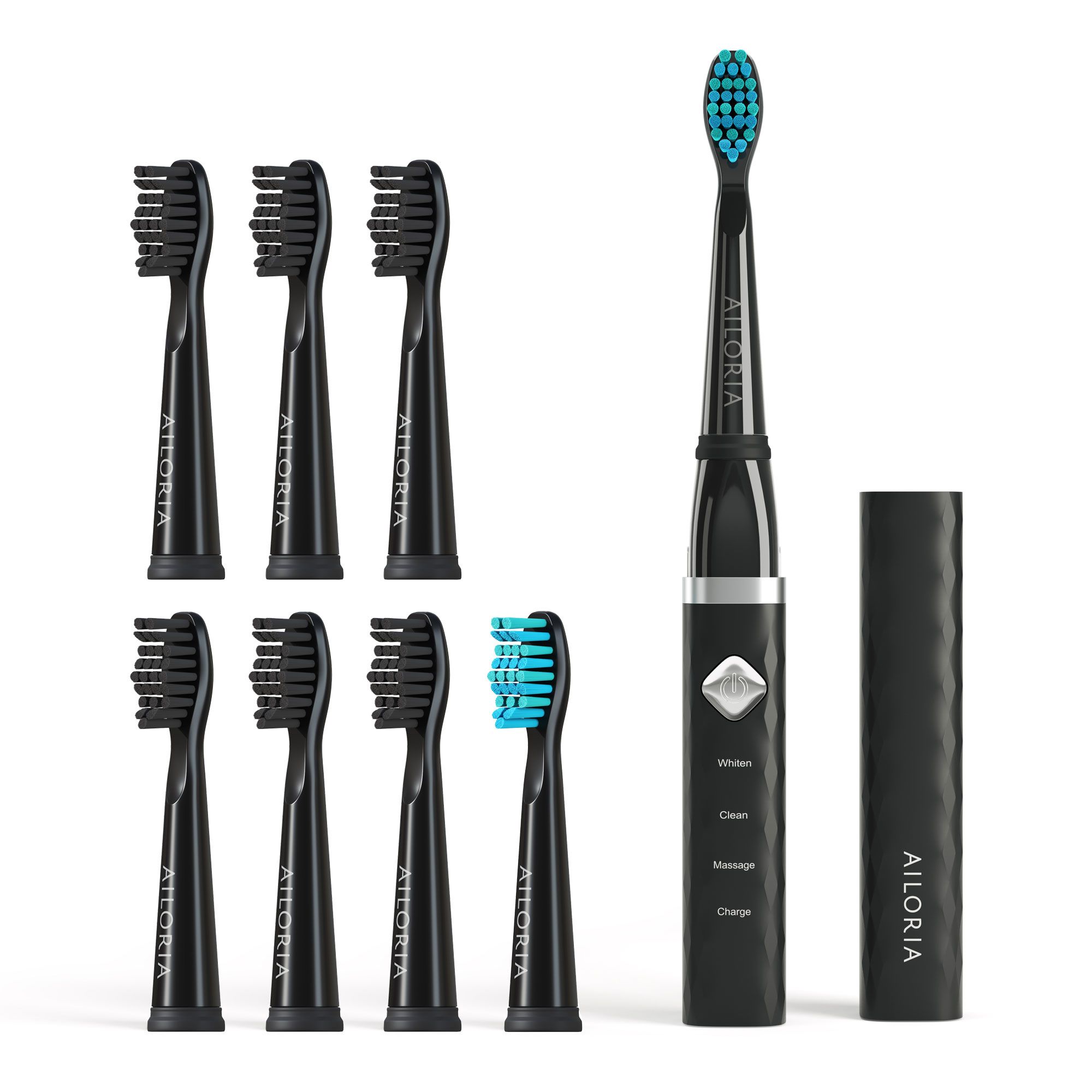 Brosse à dents sonique noire avec 7 têtes de brosse de rechange. Logo AILORIA. Une brosse a des poils bleus.