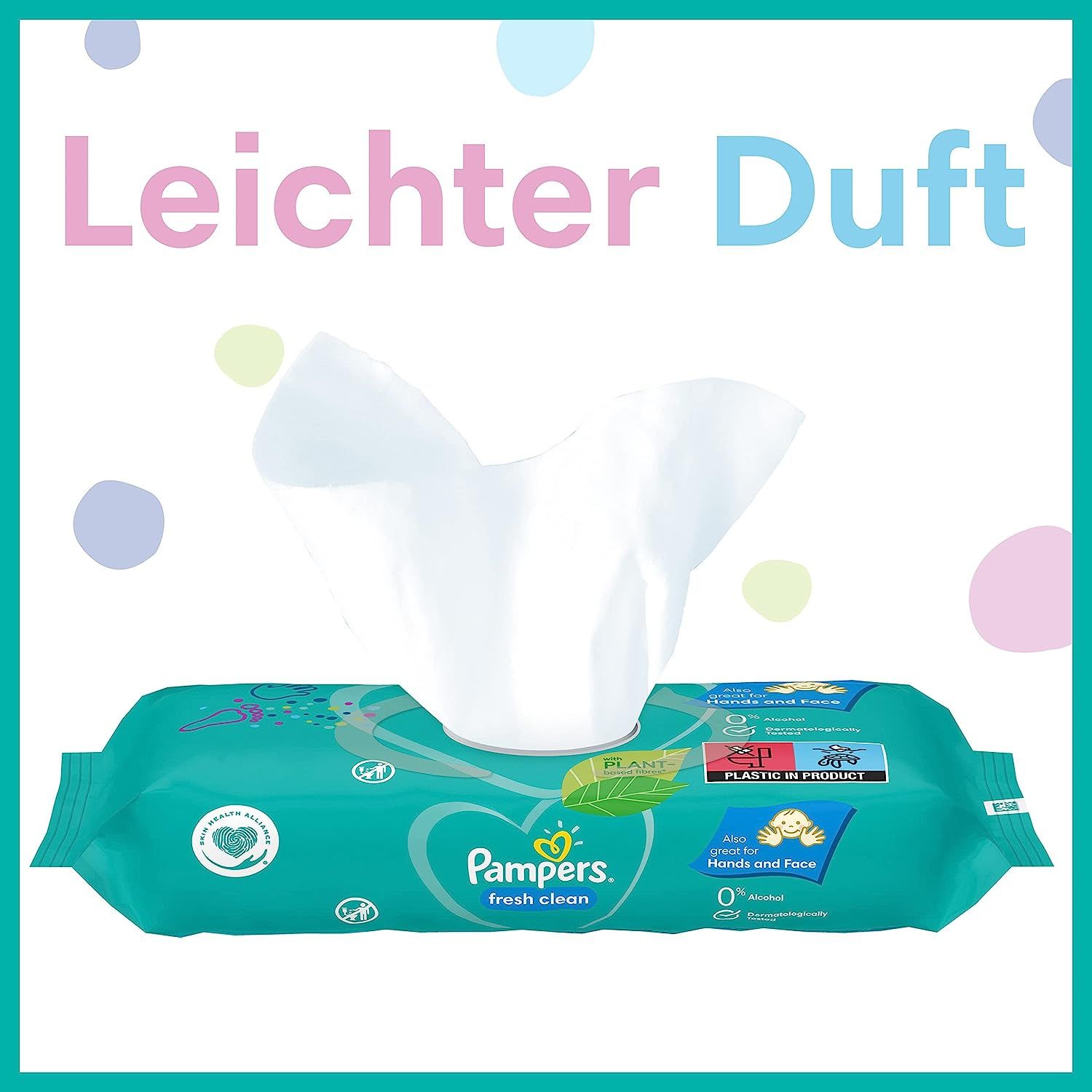 Paquet de lingettes avec lingette tirée. Texte : "Parfum léger". Logo "Pampers fresh clean".