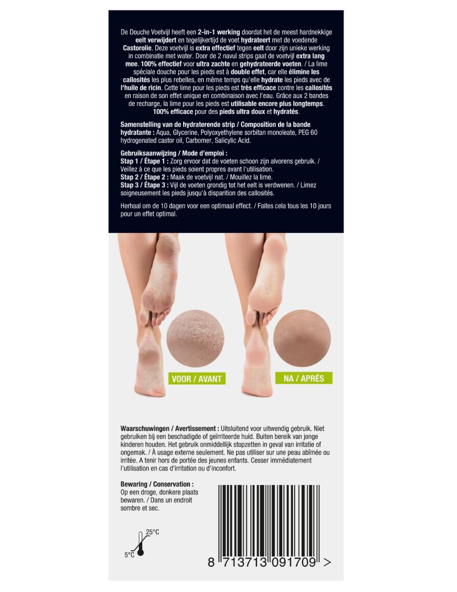 Dos de l'emballage du produit. Texte en néerlandais. Images avant-après des pieds.