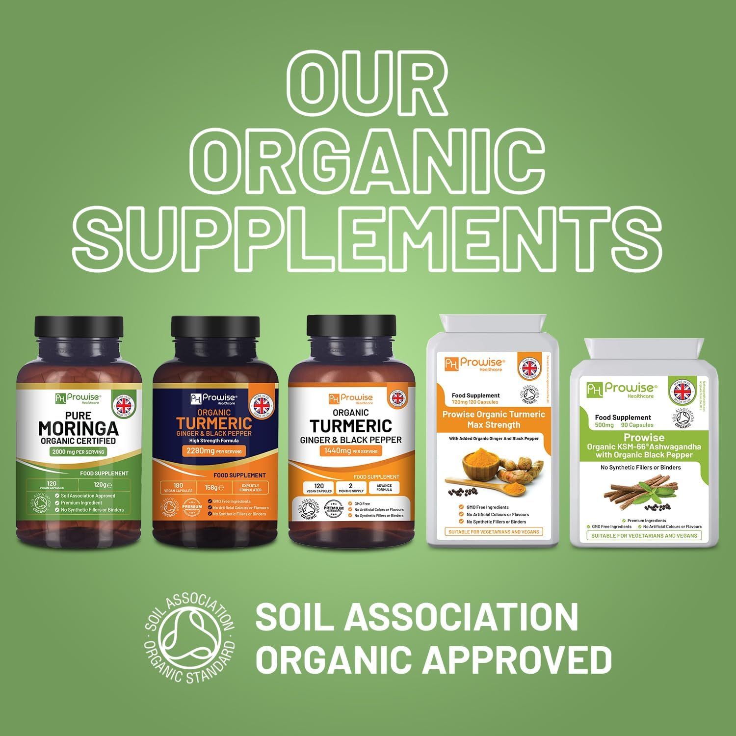 Vijf flessen voedingssupplementen. Prowise Moringa, Kurkuma, Kurkuma & Zwarte peper, Kurkuma & Gember, en een andere met Kurkuma.