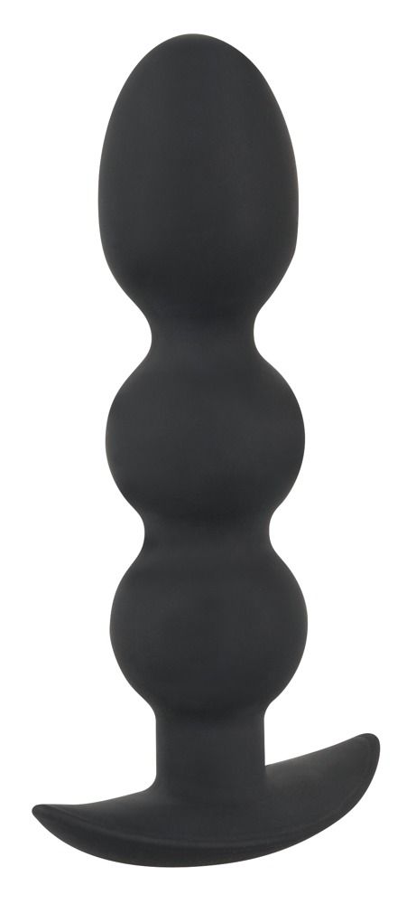 Zwarte anale plug met drie bollen en brede flens, zijaanzicht.