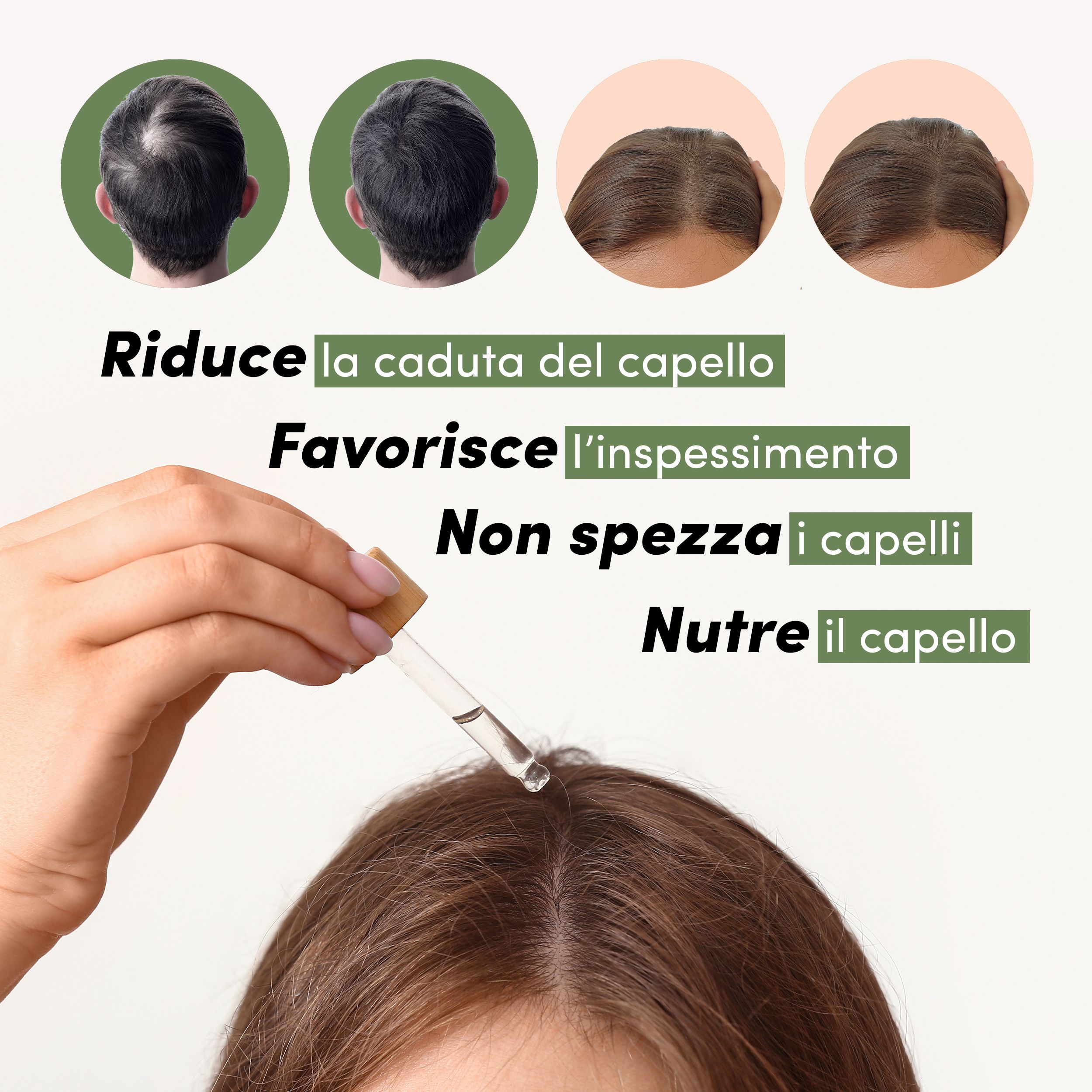 Haaroliefles met druppelaar. Tekst: Riduce la caduta del capello, Favorisce l'ispessimento, Non spezza i capelli, Nutre il capello.