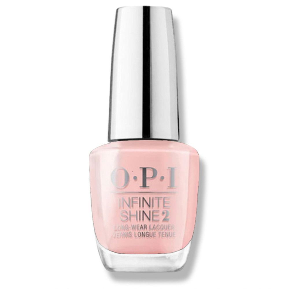 Flacon de vernis à ongles rose. Logo OPI Infinite Shine. Bouchon argenté.