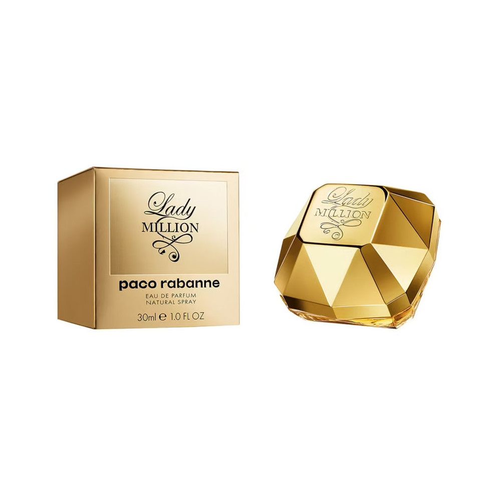 Flacon et boîte dorés Lady Million. Flacon en forme de diamant, doré. Boîte dorée avec inscription Lady Million.