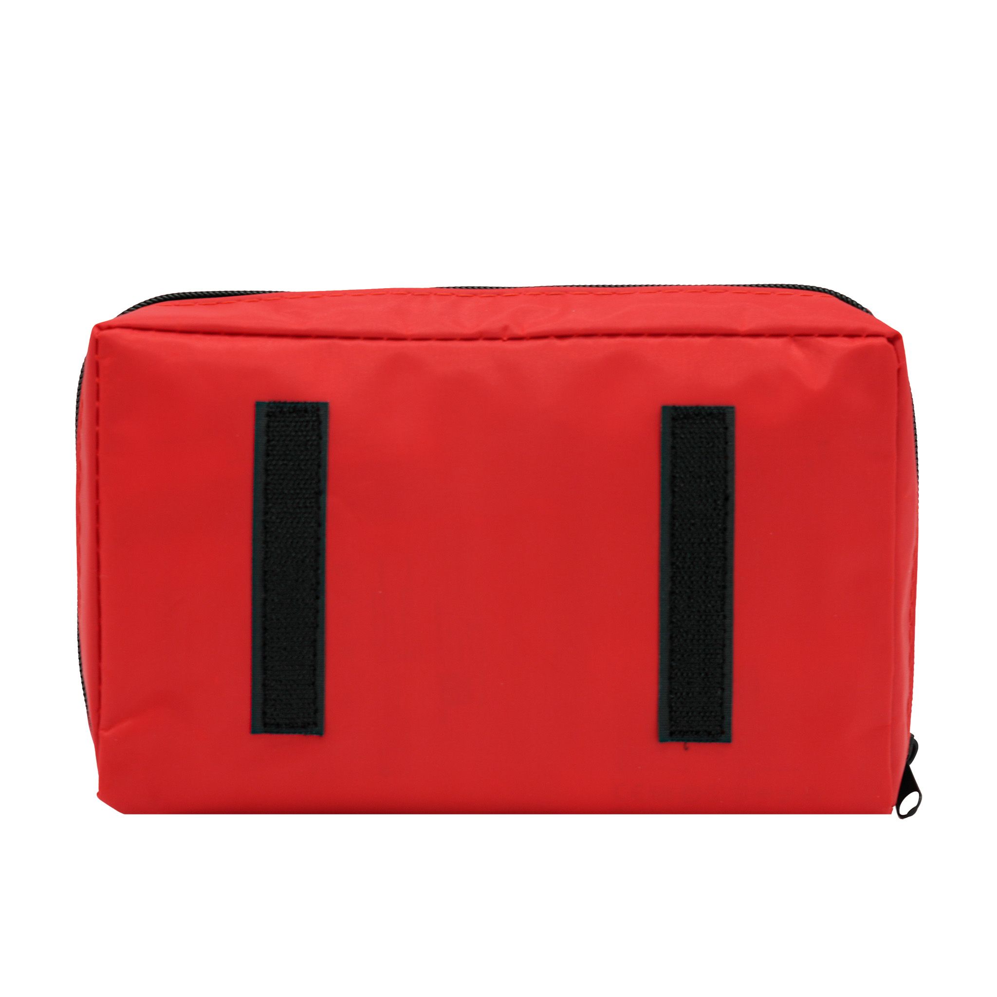 Trousse de premiers secours rouge, dos avec deux bandes velcro noires pour fixation dans la voiture.