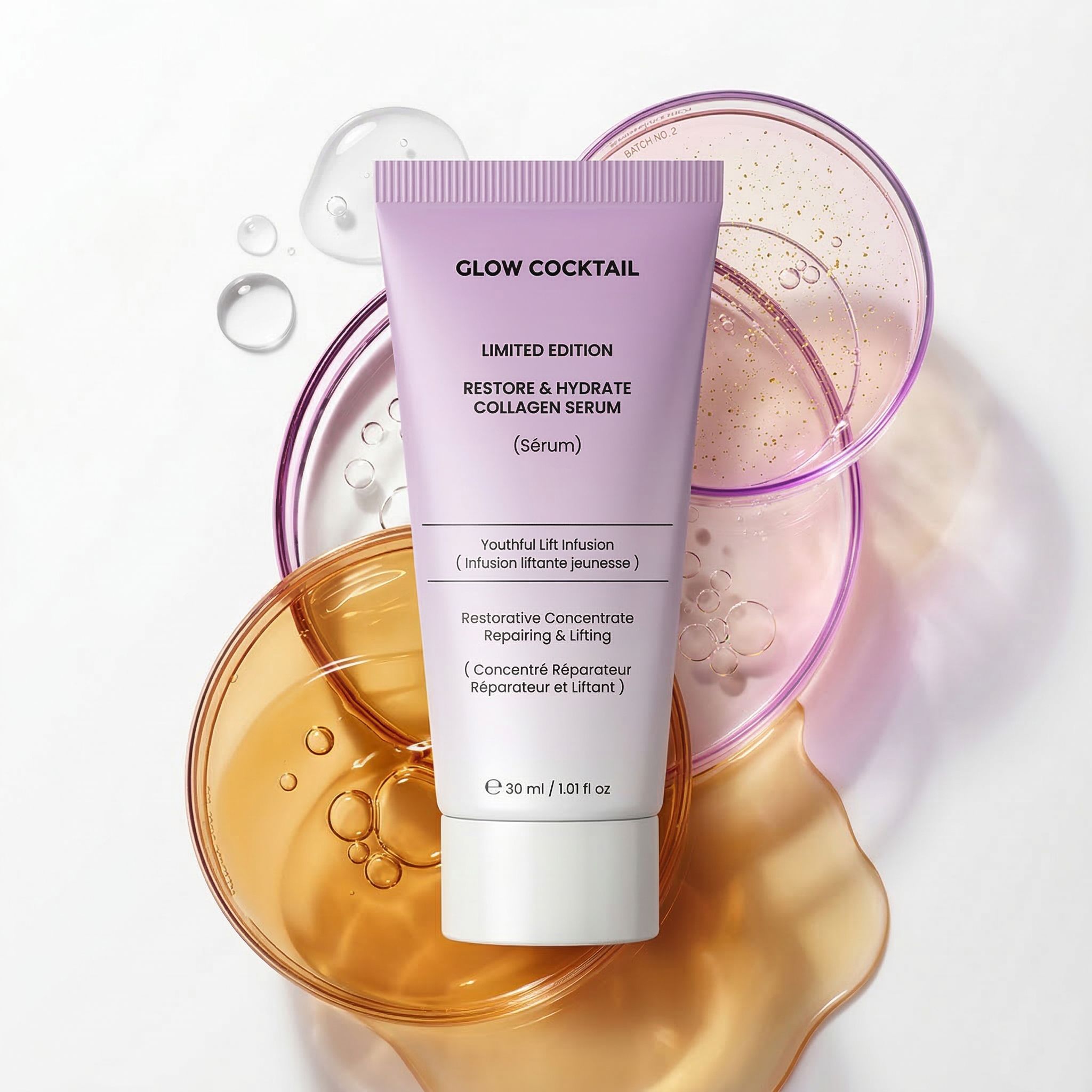 Een lichtpaarse tube met de tekst "Glow Cocktail Restore & Hydrate Collagen Serum", op petrischalen met vloeistof.