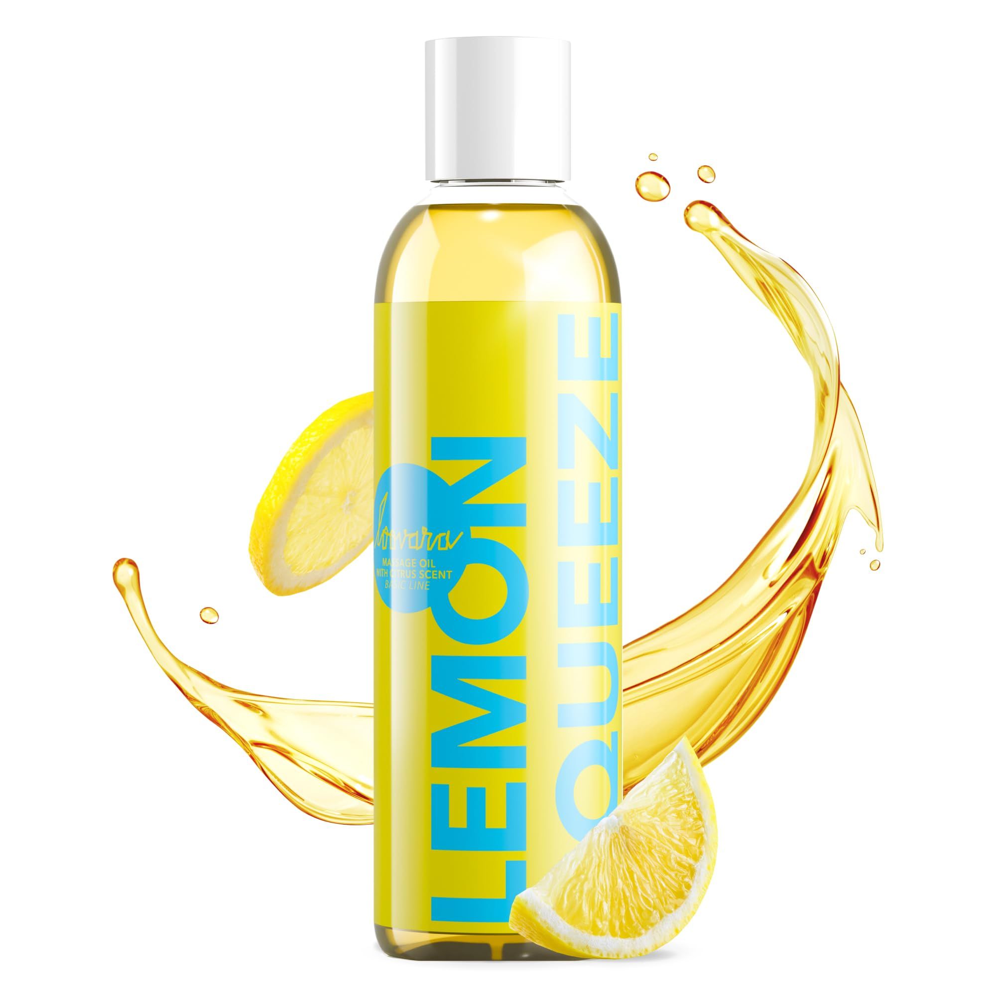 Bouteille d'huile de massage Loovara Lemon Squeeze avec tranches de citron et éclaboussures d'huile.