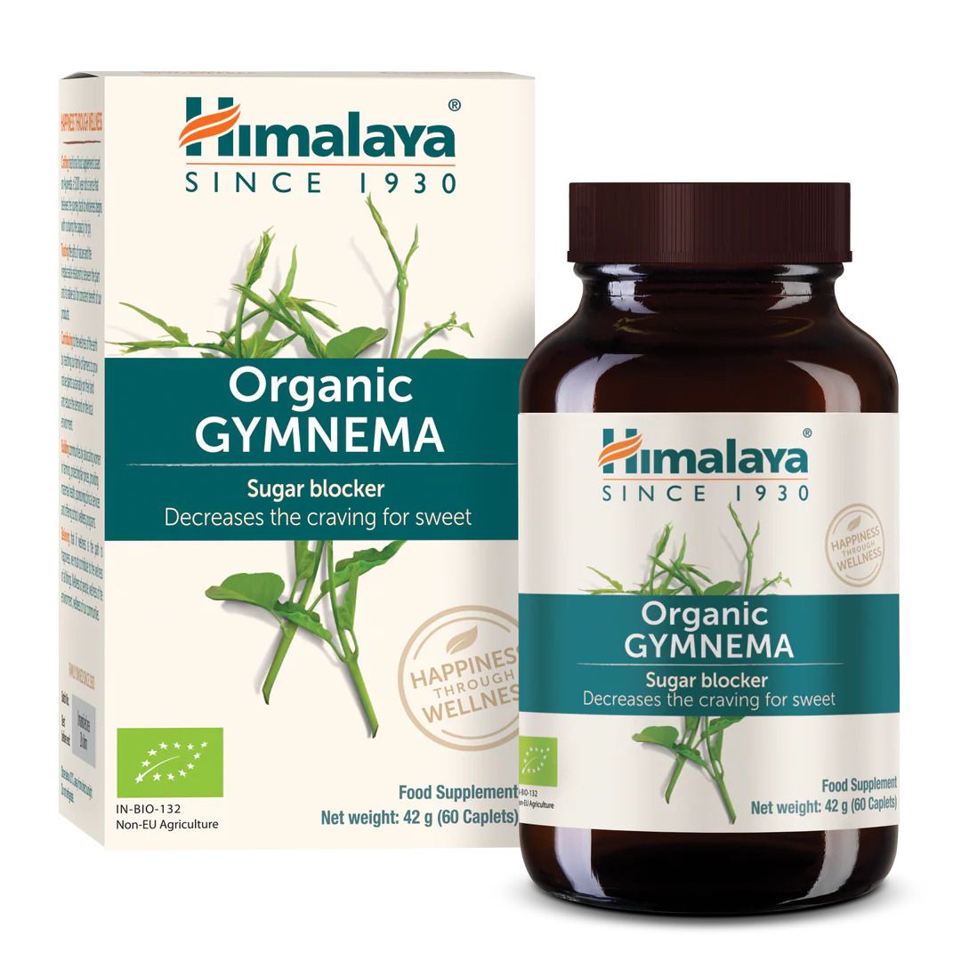 Himalaya Bio Gymnema. Fles en doos. Bruine capsulefles en doos. Opschrift: Organic Gymnema, Sugar Blocker.