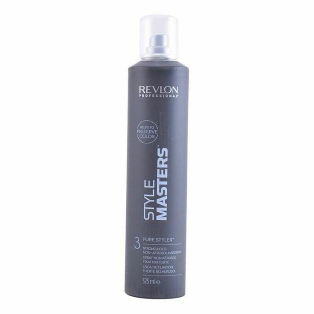 Flacon de laque gris avec vaporisateur blanc. Inscriptions: Revlon Professional, Style Masters, Pure Styler, Strong Hold.