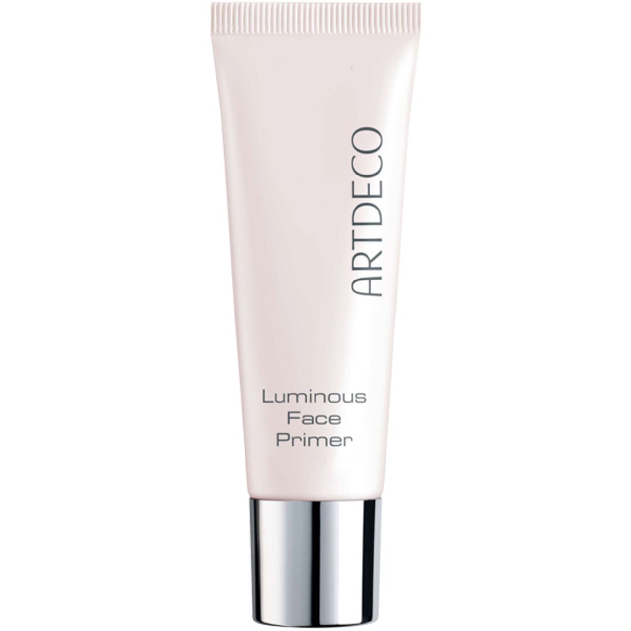 Tube de Luminous Face Primer Artdeco. Tube blanc avec bouchon argenté. Nom du produit et marque imprimés.