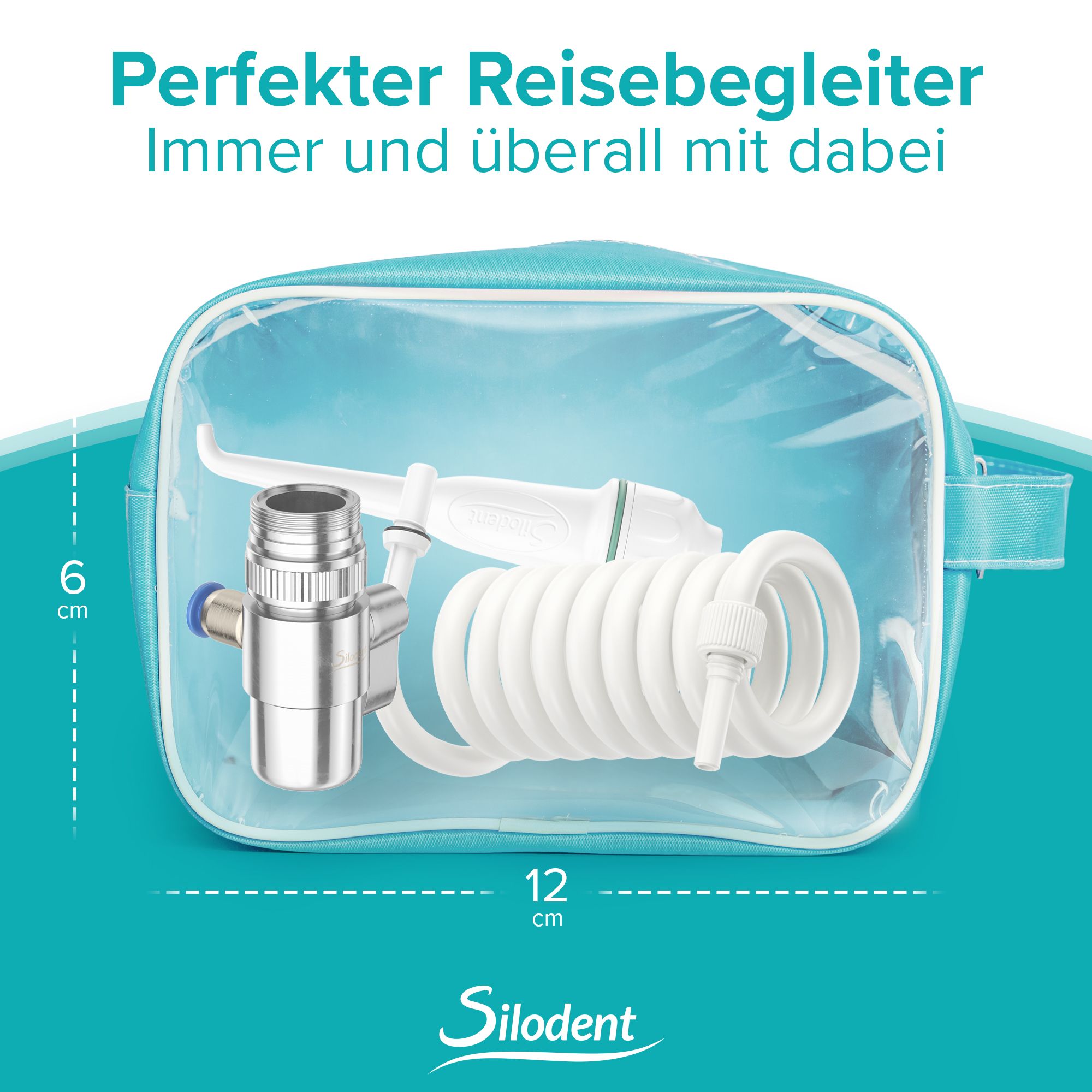 Ensemble d'irrigateur buccal dans une trousse de voyage. Dimensions : 12cm L, 6cm H. Marque Siloden visible.
