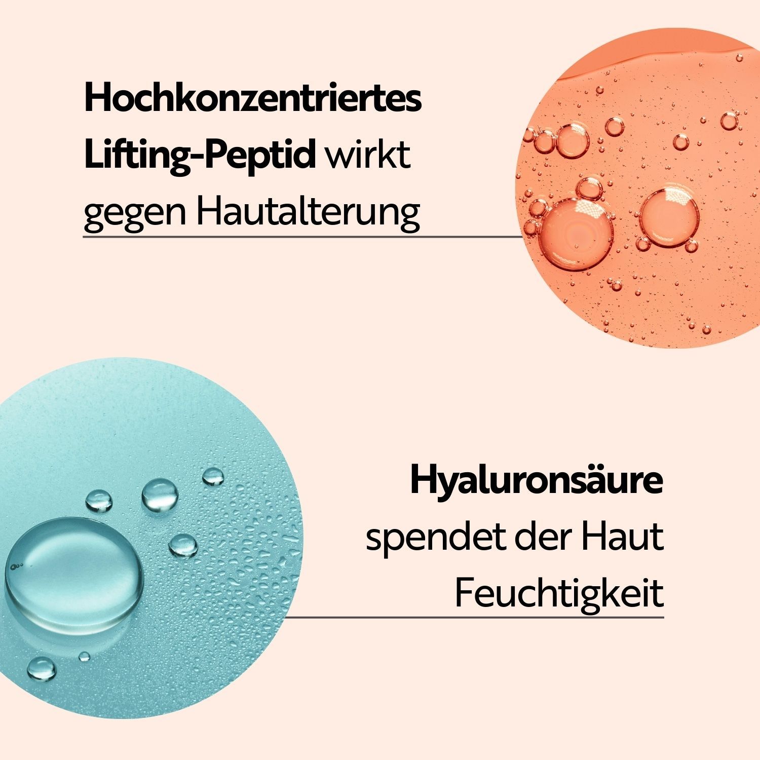 Texte et illustrations. Le peptide liftant hautement concentré agit contre le vieillissement cutané. L'acide hyaluronique hydrate.