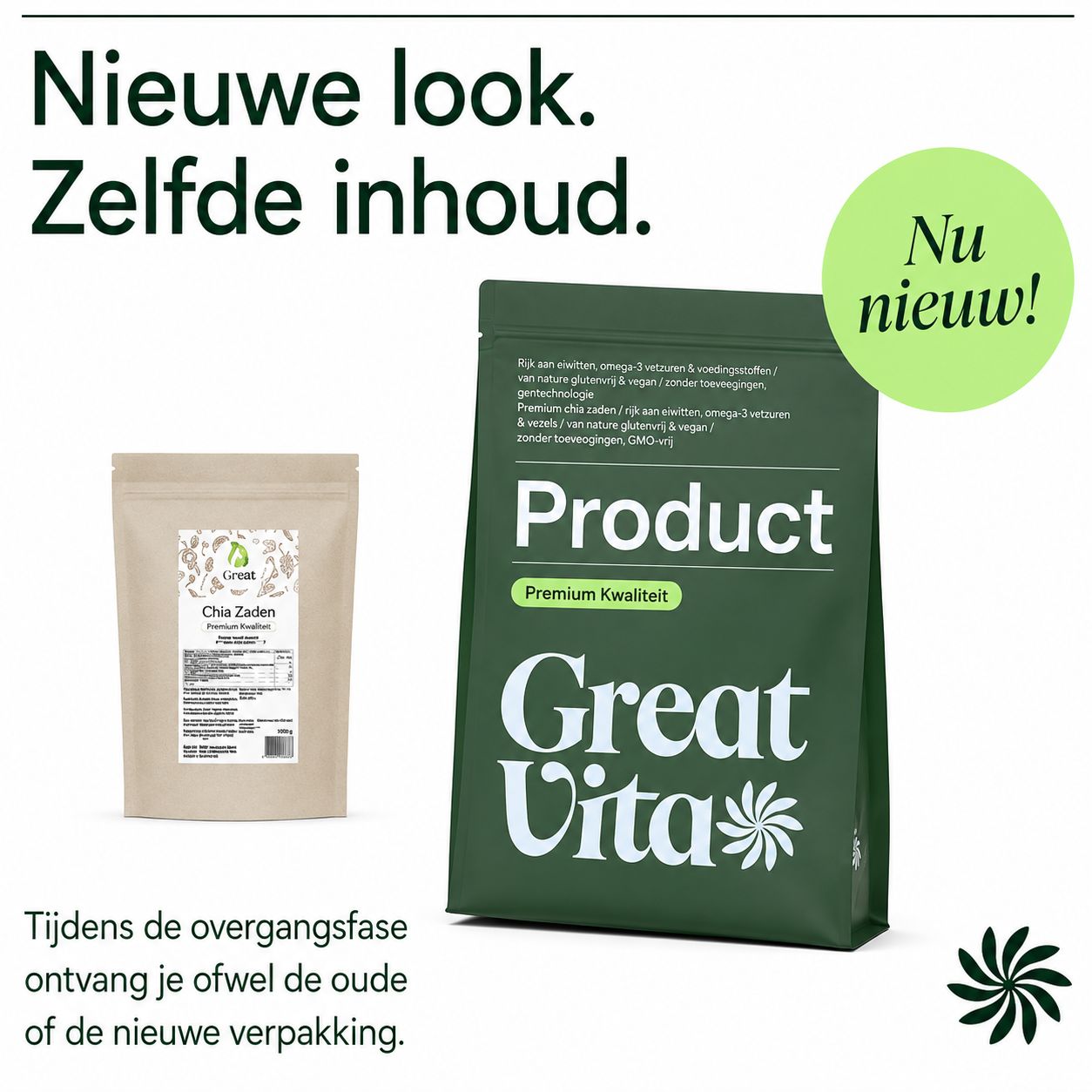 Twee verpakkingen GreatVita Chia Zaden, een nieuwe en een oude verpakking.