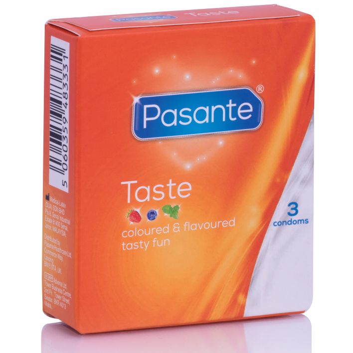 Boîte de préservatifs Pasante Taste. Boîte orange avec 3 préservatifs. Illustration: fraise, myrtille, menthe.