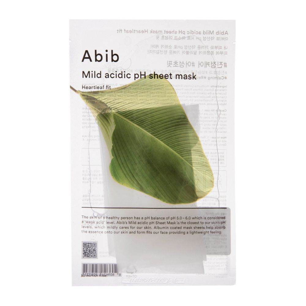 Emballage masque tissu Abib Mild Acidic pH Heartleaf Fit avec feuille et texte.