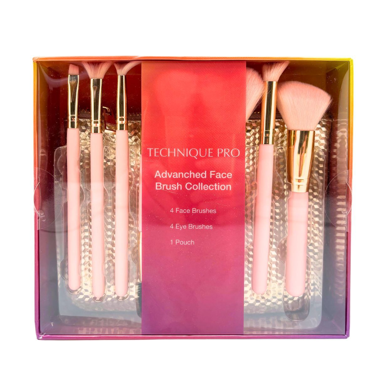 Emballage de la collection Advanced Face Brush avec quatre pinceaux pour le visage et quatre pour les yeux.