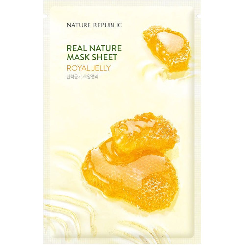 Emballage de NATURE REPUBLIC Real Nature Royal Jelly Sheet Mask. Masque jaune avec illustrations de rayons de miel et nom du produit.
