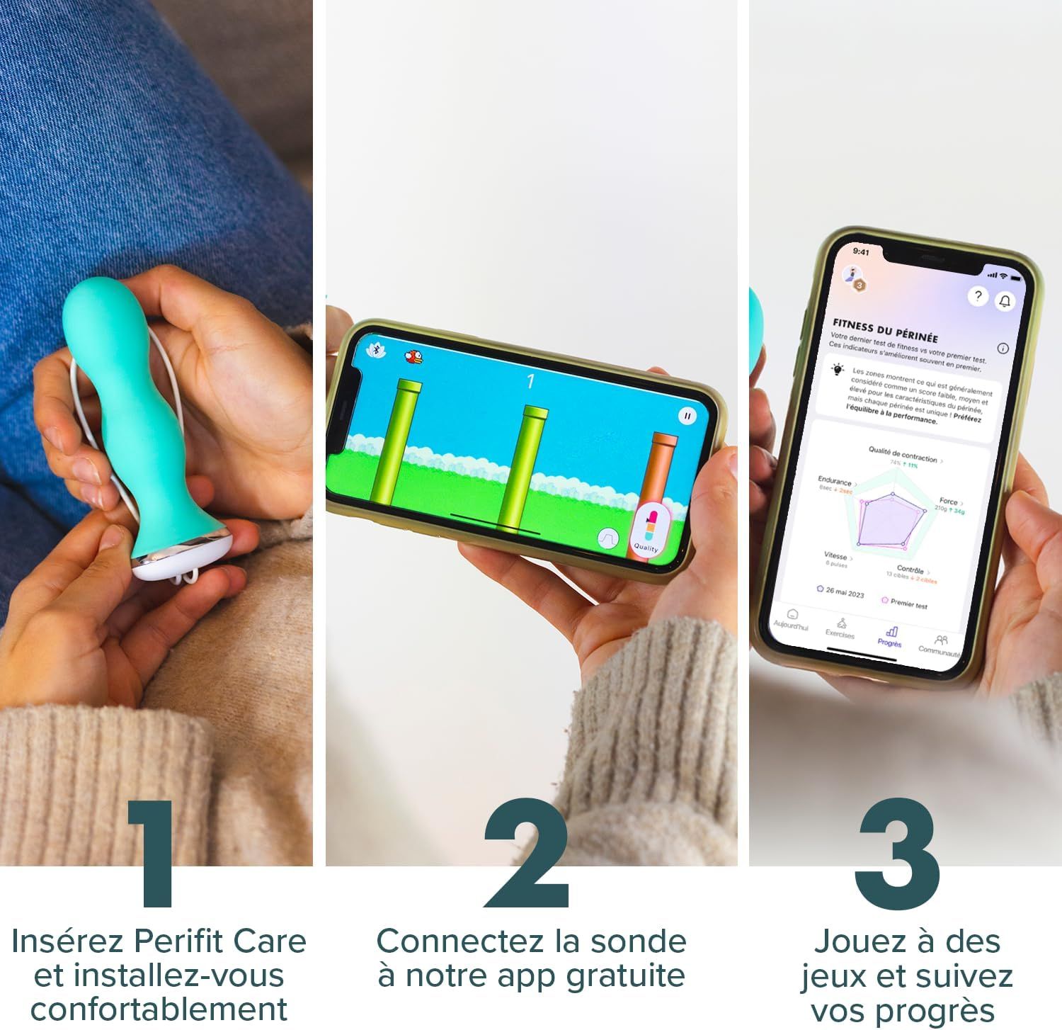 Instructions étape par étape pour l'utilisation du stimulateur périnéal Perifit Care avec l'application.