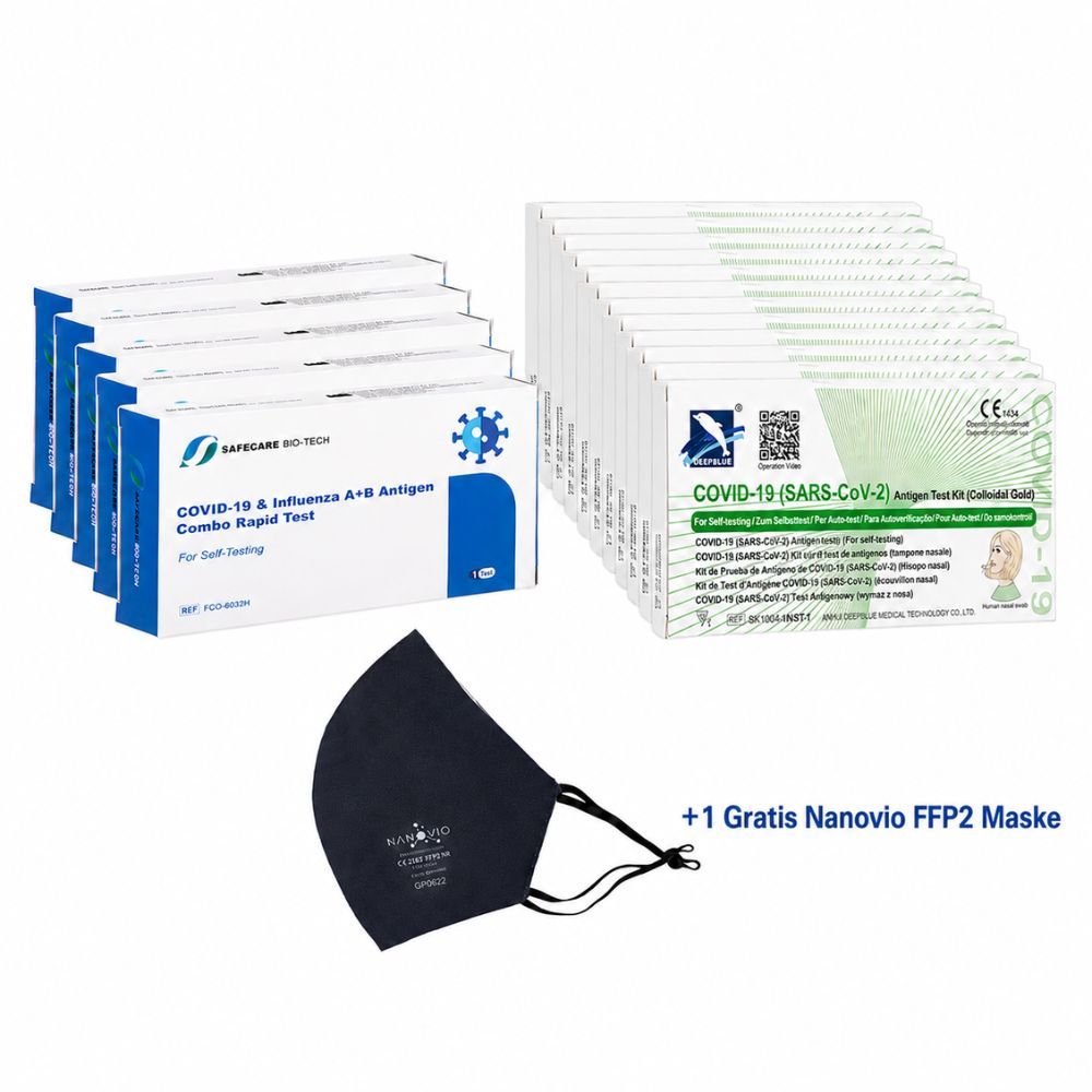 Safecare Bio-Tech COVID-19 & Influenza A+B Combo Sneltesten, Pak van 5 + 1 gratis Nanovio FFP2 masker.