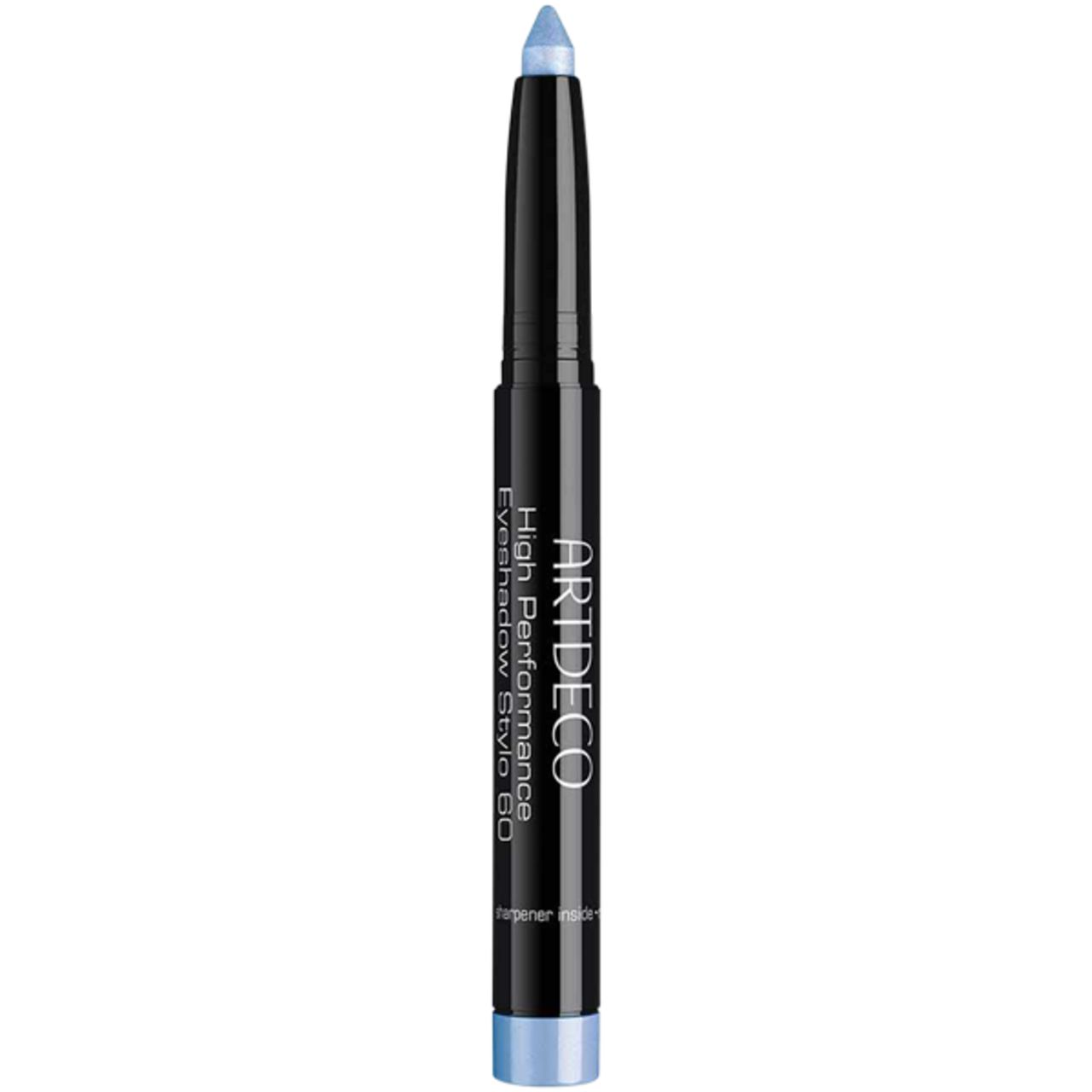 Artdeco High Performance Eyeshadow Stylo. Stylo noir avec extrémité bleu clair. Nom du produit et marque visibles.