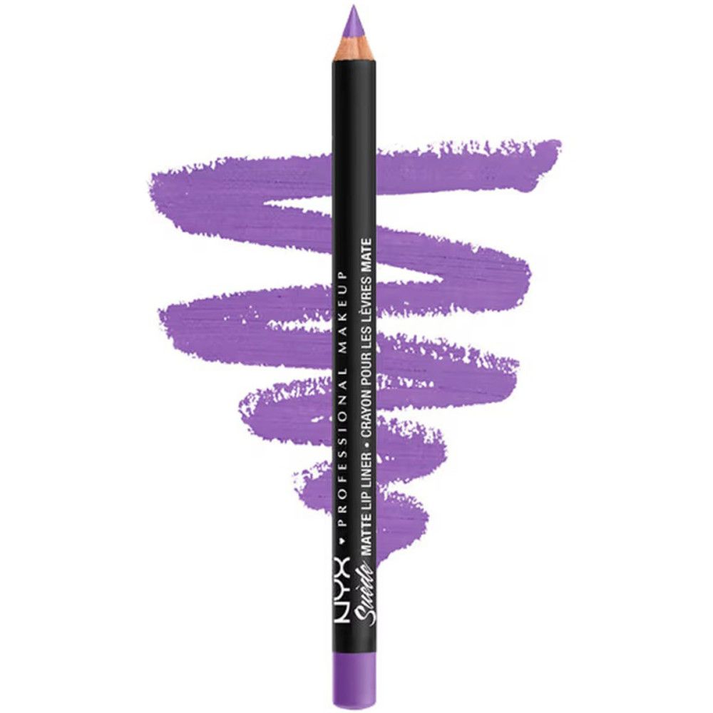 Paarse lipliner met kleurstreep. Zwarte potlood met witte tekst: NYX, Suede Matte Lip Liner.